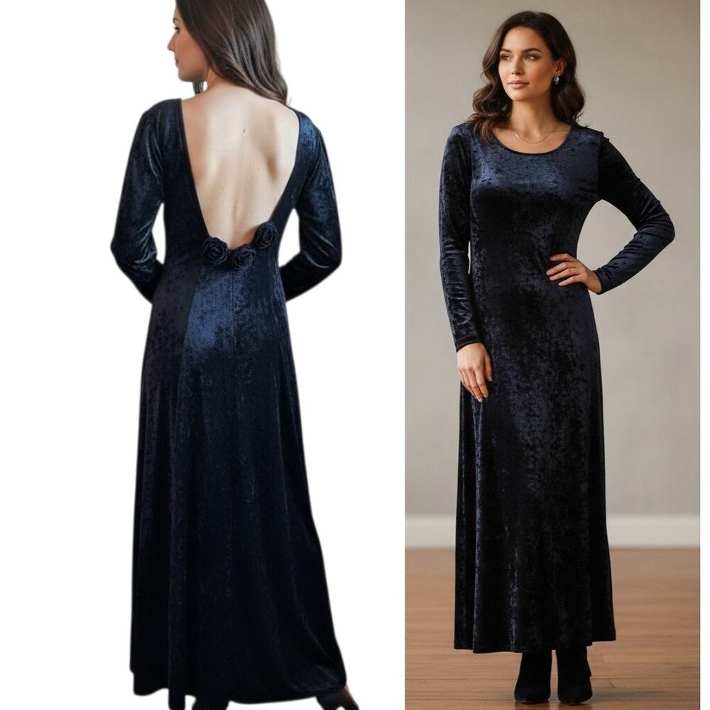 Vtg Y2K Molly Malloy Maxi Dress 14 Black Crushed Velvet  Fairy Grunge Whimsical